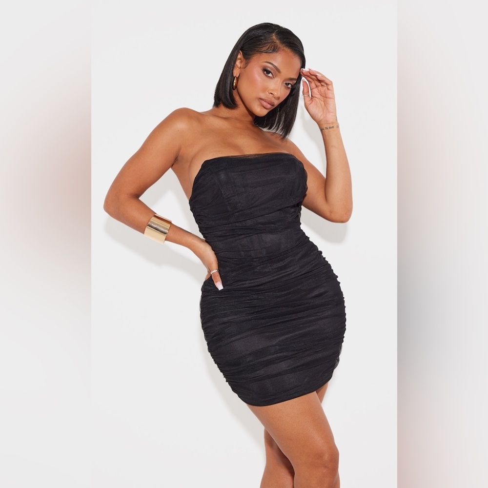 SHAPE BLACK MESH CORSET DETAIL RUCHED BODYCON DRESS